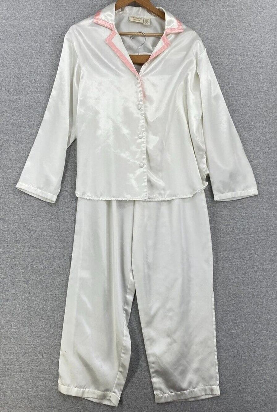 Victoria's Secret Loungewear Set Womens Small White Pink Trim Button Up Silky